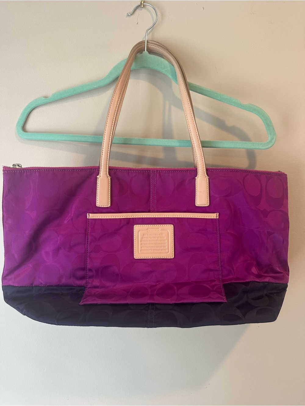 Coach Two-Tone Purple and Black Nylon Tote with Pale Pink Leather Handles
